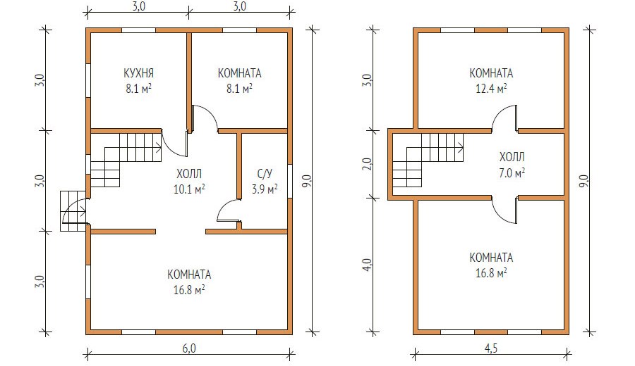 Проект двухэтажного дома из бруса 9х6 (9х4.5)