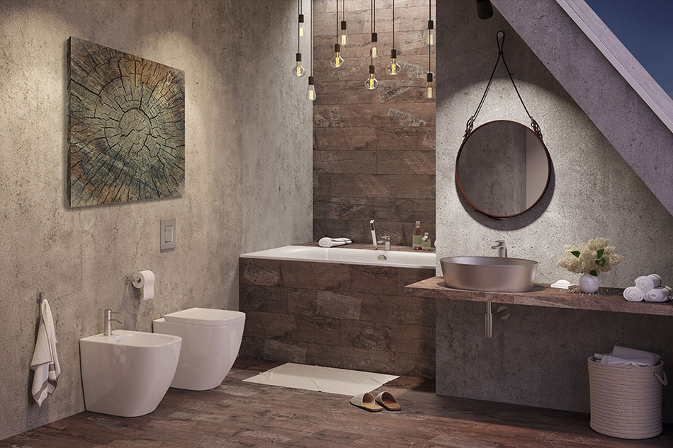 Постер с текстурой дерева на галерейном подрамнике в ванной комнате в стиле лофт с деревянной отделкой