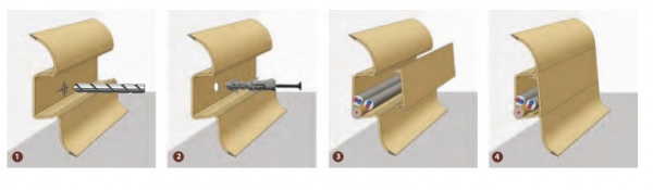 устанавливается широкий пластиковый плинтус с кабель-каналом