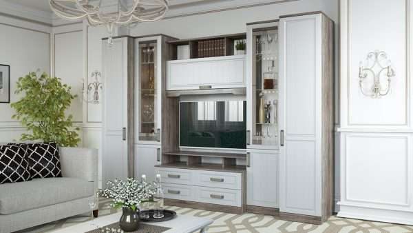 белый шкаф в гостиной в современном стиле с прозрачными дверями
