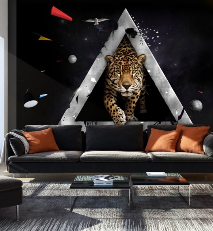 3д фотообои с гепардом в интерьере гостиной