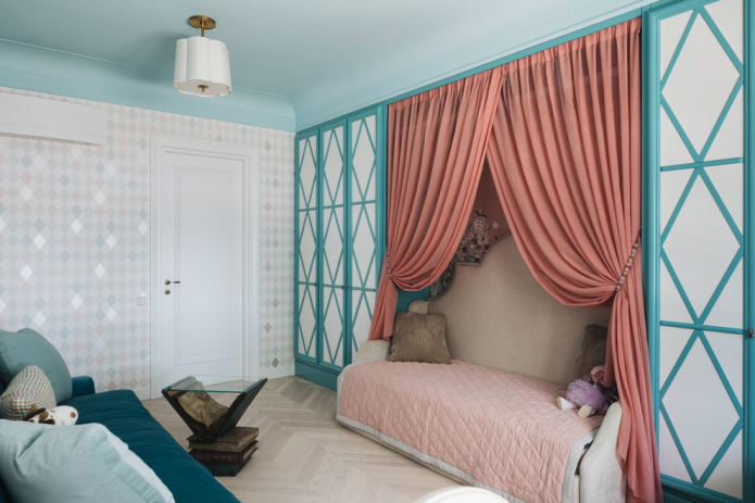 сине-розовый интерьер детской комнаты