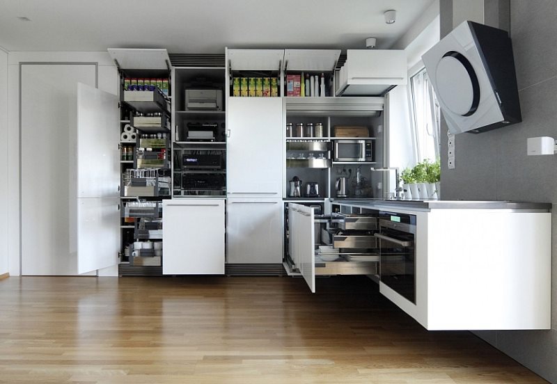 Подвесная кухонная мебель без ножек с креплением на стене