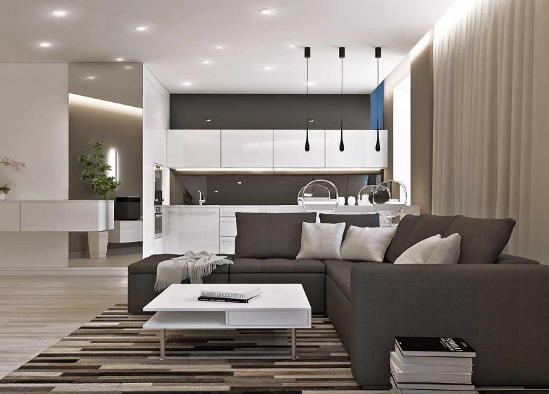 Серый диван в кухне-гостиной стиля минимализма
