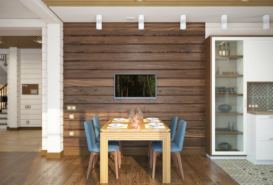 Оформление акцентной стены в кухне-гостиной деревянного дома
