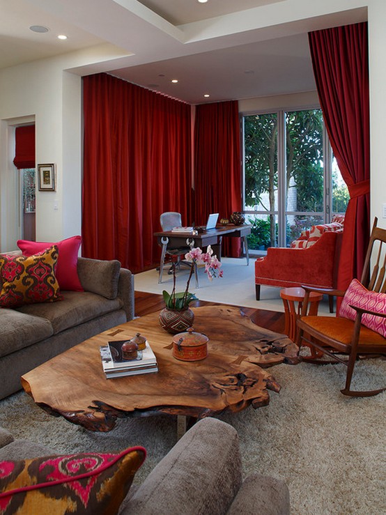 гостиная в стиле модерн с красными шторами