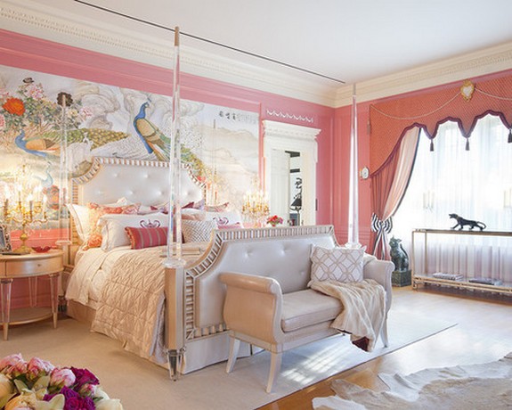 шторы к розовым стенам в спальне с восточным дизайном