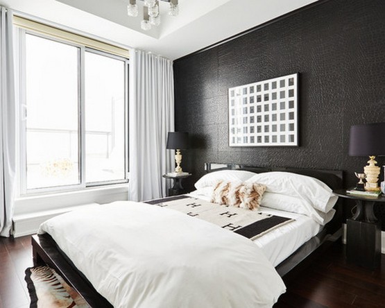 белый текстиль и шторы к черным обоям в спальной комнате