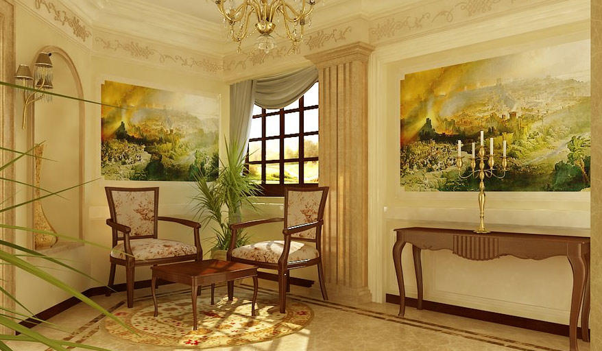 В современном стиле оформления гостиной широко используются цифровые фрески
