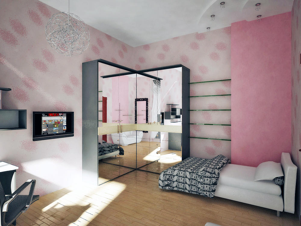 Для маленькой спальной комнаты можно подобрать угловой шкаф с зеркальными поверхностями, которые визуально расширят пространство в помещении