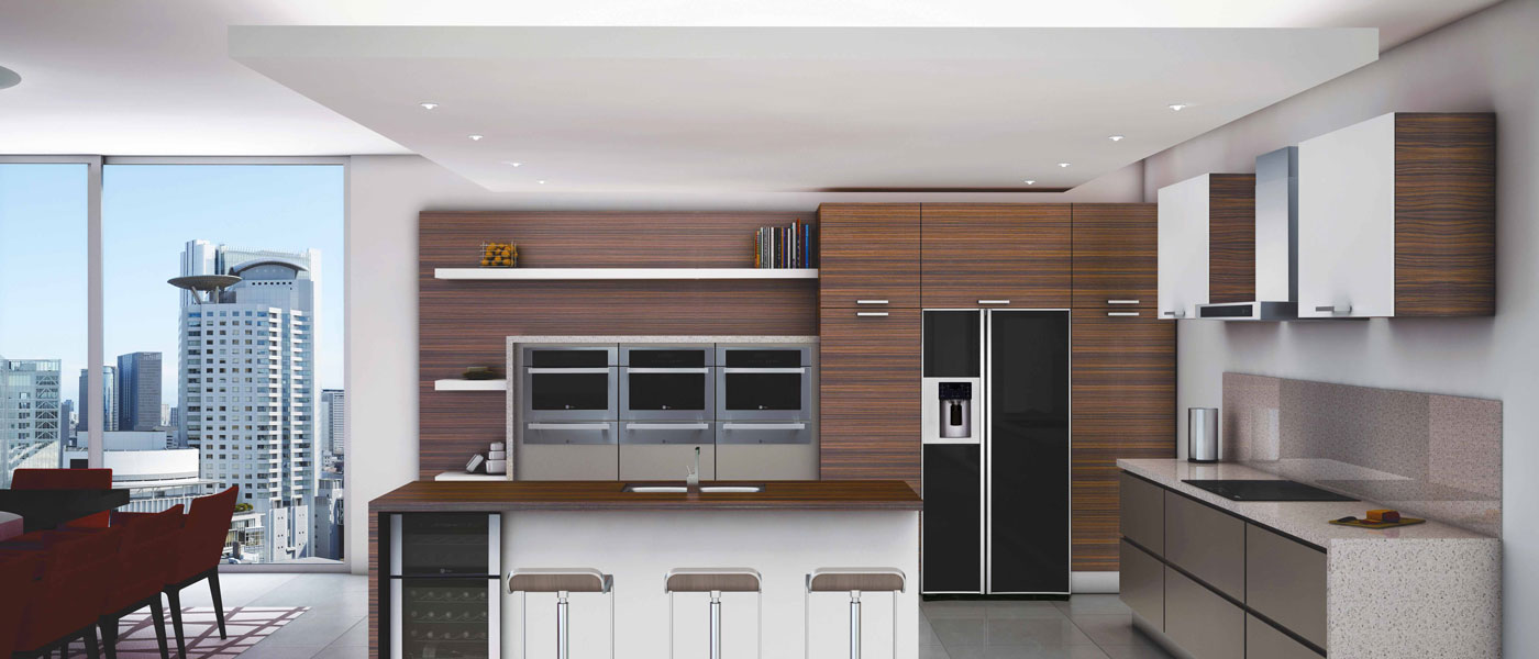 Кухня в стиле хайтек - черный встроенный холодильник