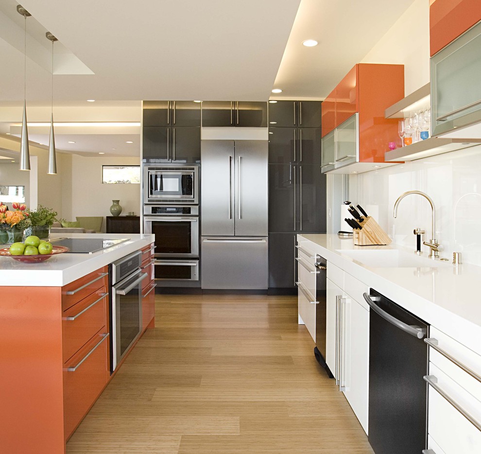 Двойные духовые шкафы в стильном интерьере кухни цвета апельсина