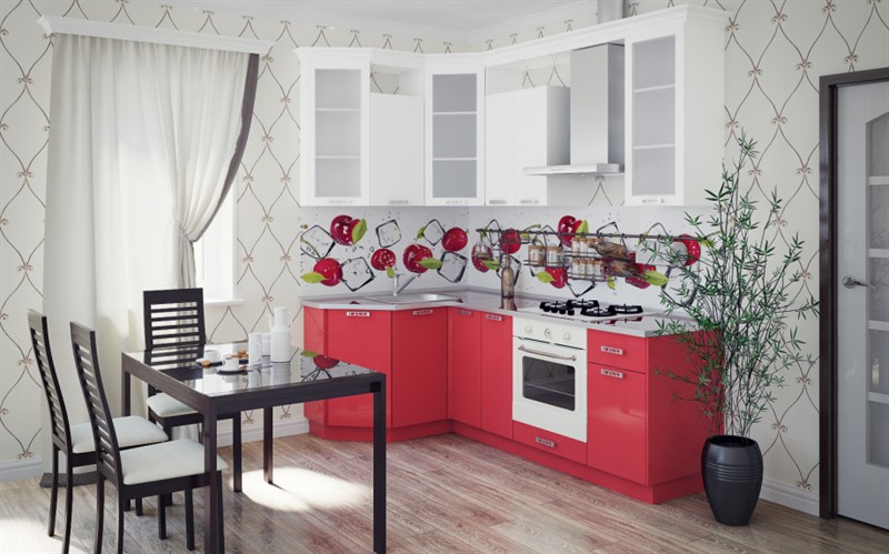 фото кухни из мдф, с белым верхом и красным низом