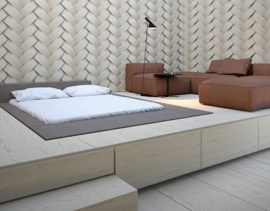 Дизайн подиума с кроватью и диваном
