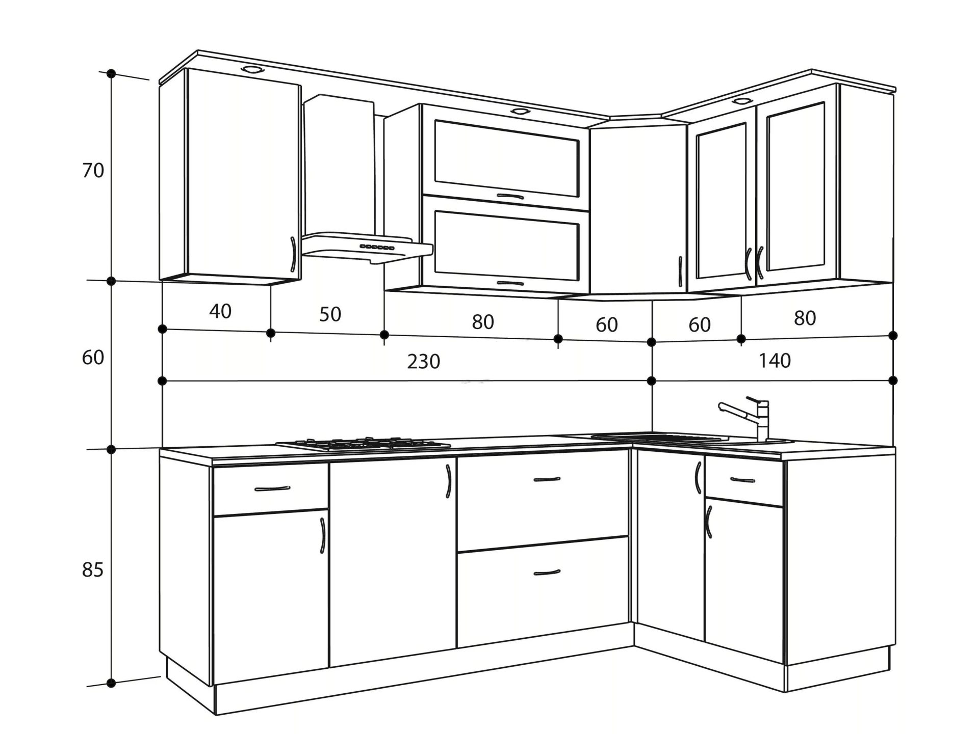 Схема расположения кухонной мебели с размерами