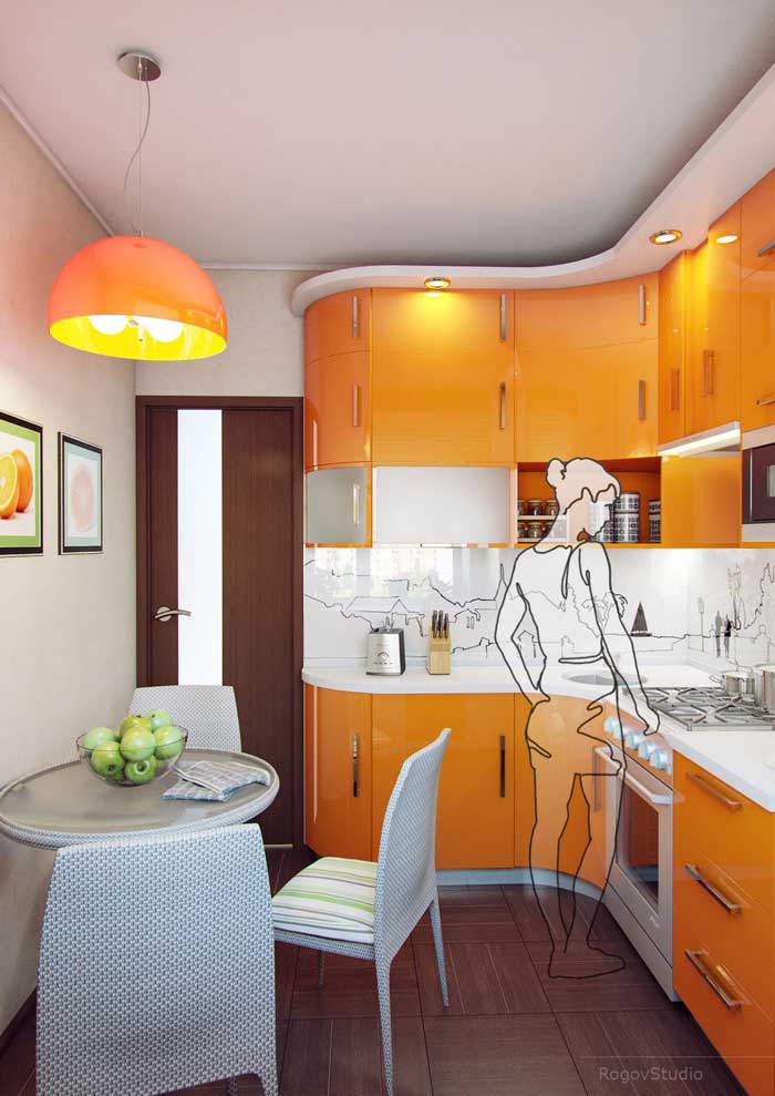 Дизайн оранжевой маленькой кухни в хрущевке. Фото 3