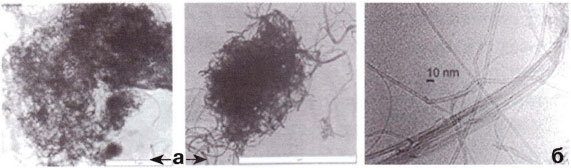 Рис. 1. Углеродные нанотрубки (УНТ) и нановолокна (УНВ), полученные с помощью просвечивающей электронной микроскопии: а) УНТ, б) УНВ 