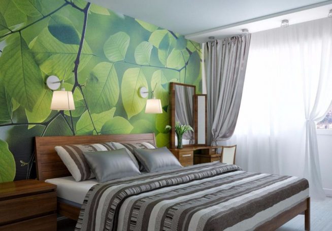 Серо-зелёная спальня в эко стиле