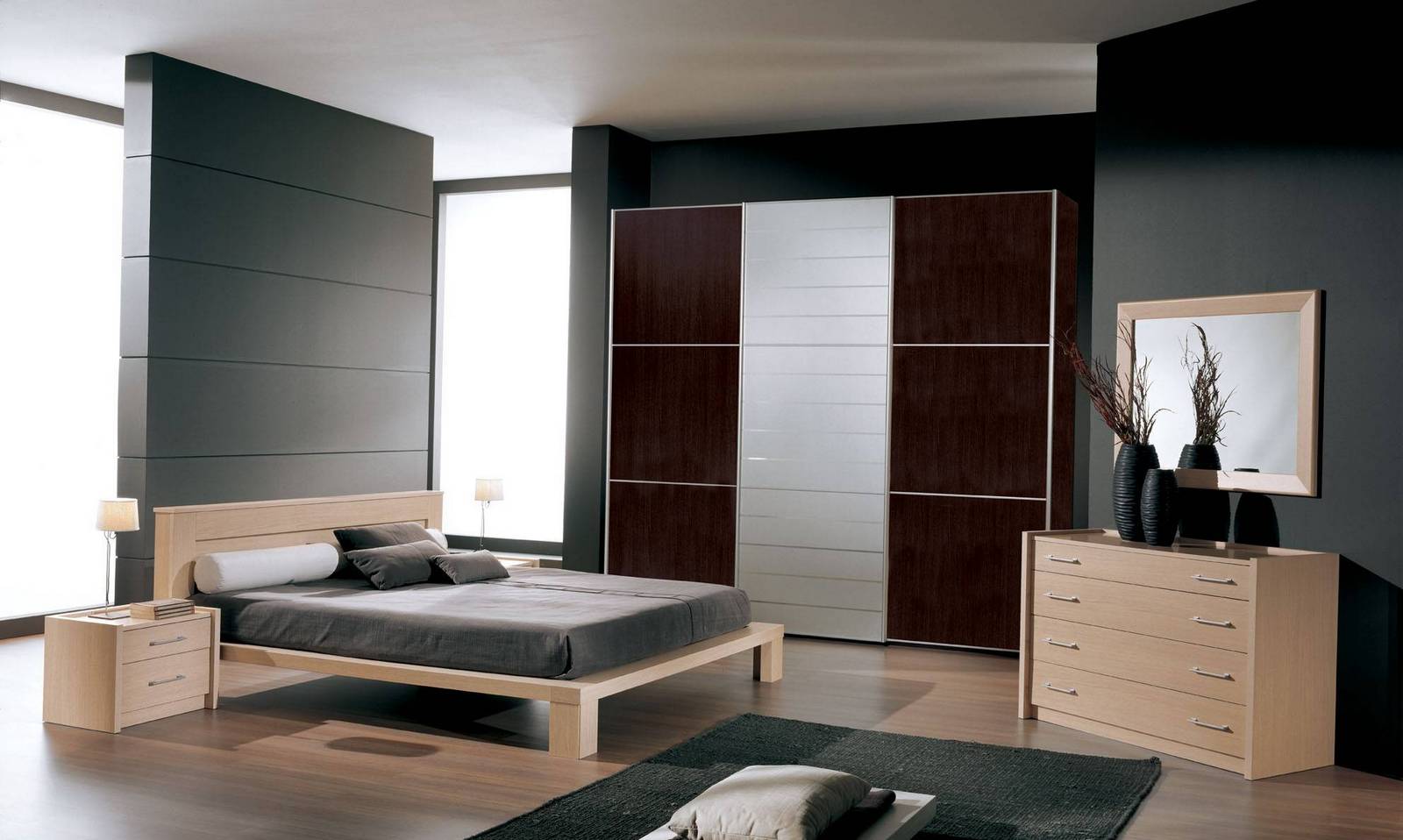 Бежево-коричневая современная спальня в стиле модерн