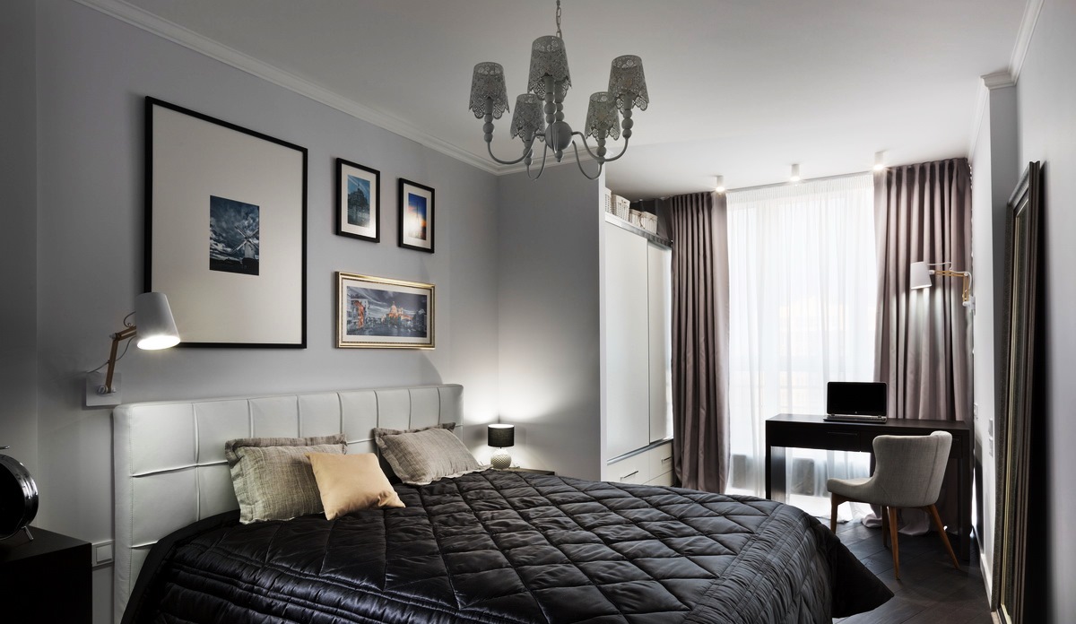 Дизайн комнаты с серыми обоями и белой мебелью