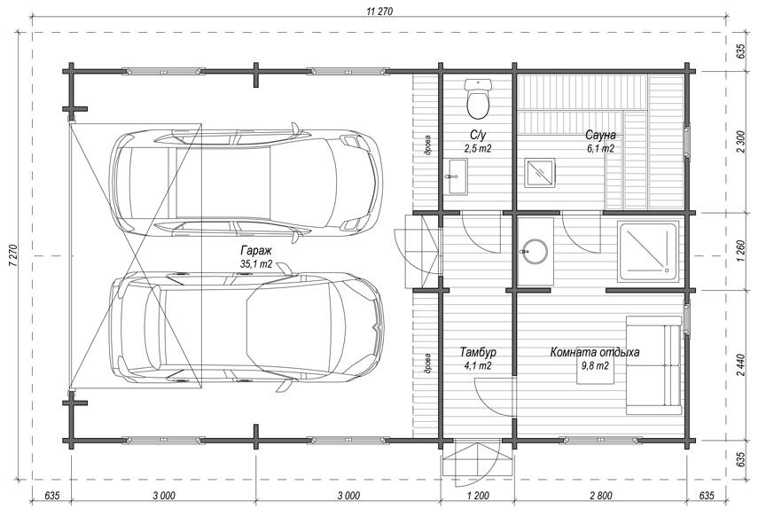 Планировка бани с гаражем
