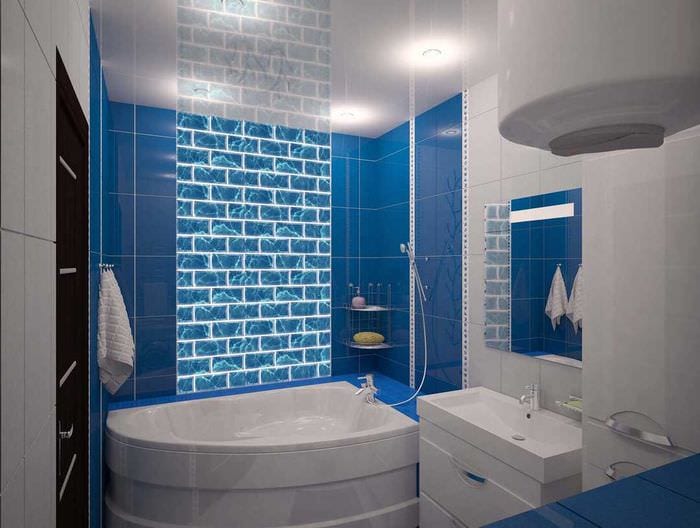 идея красивого дизайна ванной комнаты с угловой ванной