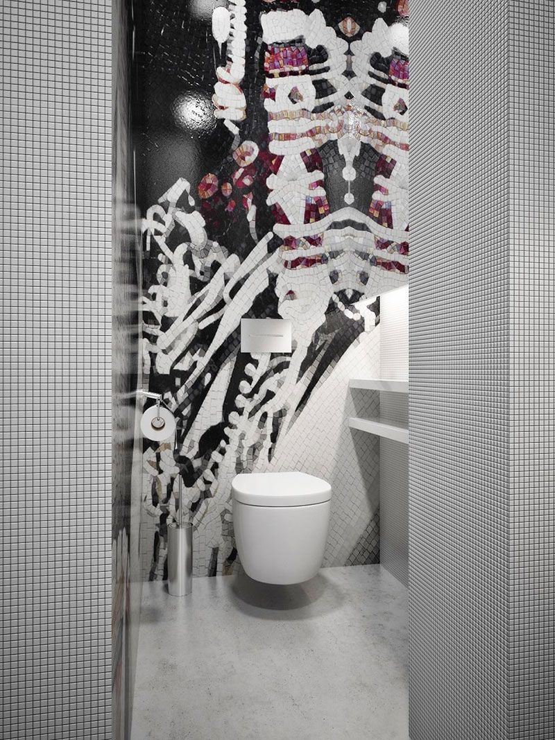 Зонирование в ванной комнате с помощью рисунка мозаикой контрастных оттенков